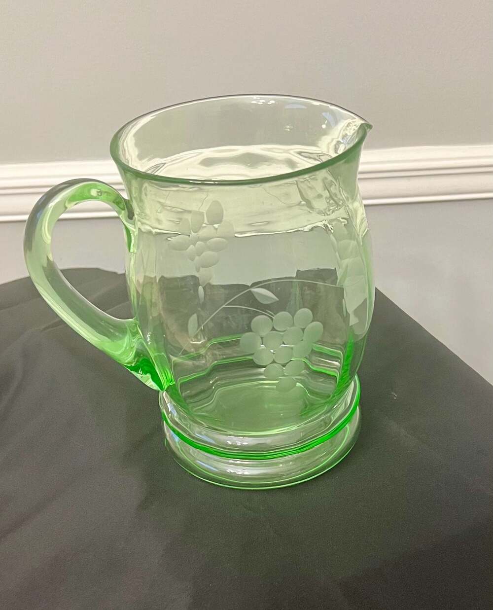 Vintage Uranium Glass Etched Grape Pattern Pitcher